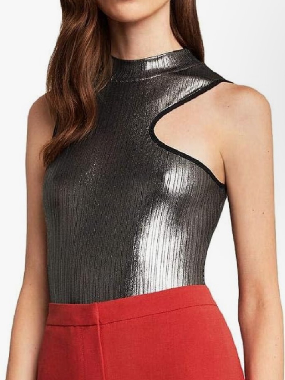 BCBGMaxAzria Silver Metallic Asymmetrical Cutout Bodysuit
